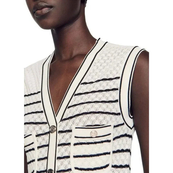 Sandro Molina White Striped Sleeveless Buttoned V Neck Knit Midi Dress Sz 36 - Picture 8 of 16